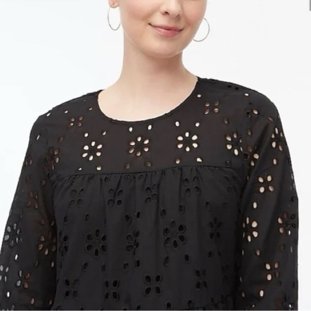 J.Crew Black Eyelet Tiered Popover Top, Size Small - Picture 1 of 8